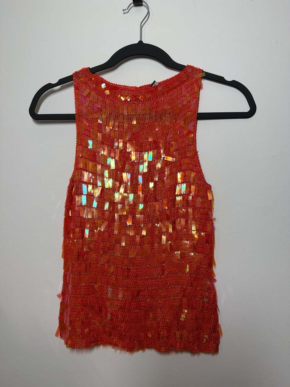 Ariella Sleeveless Crochet Knit Top with Shard Sequins in Bright Orange